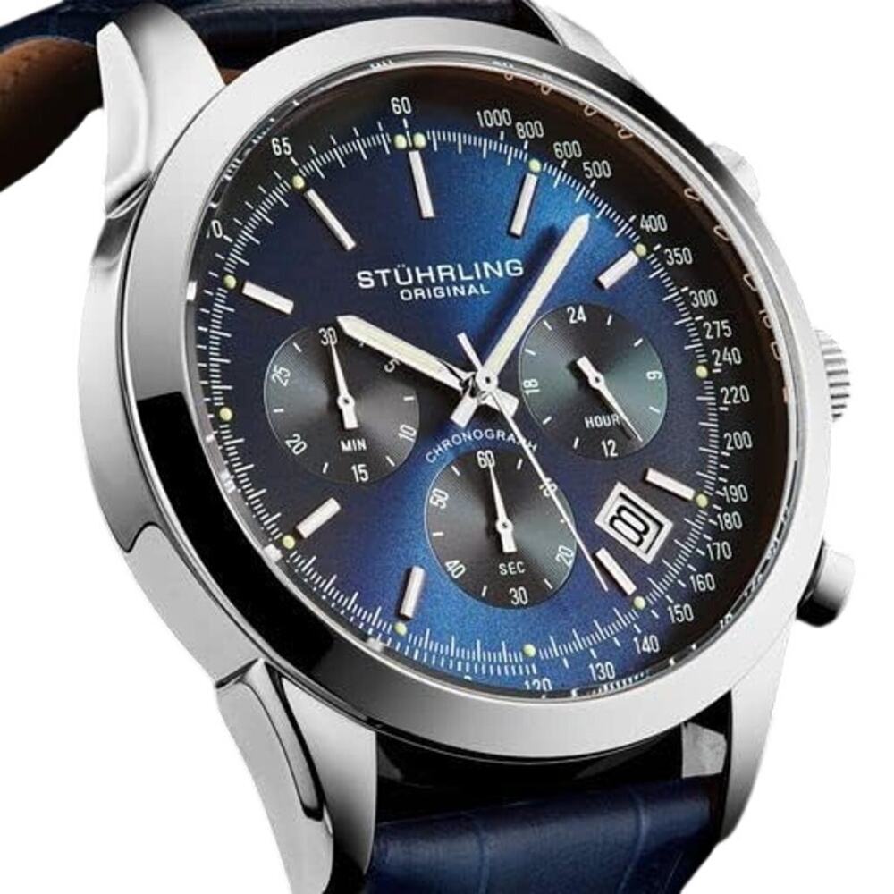 Stuhrling Original Rialto 3975L Chronograph Watch 44mm Stainless Steel Blue Dial - Picture 7 of 13